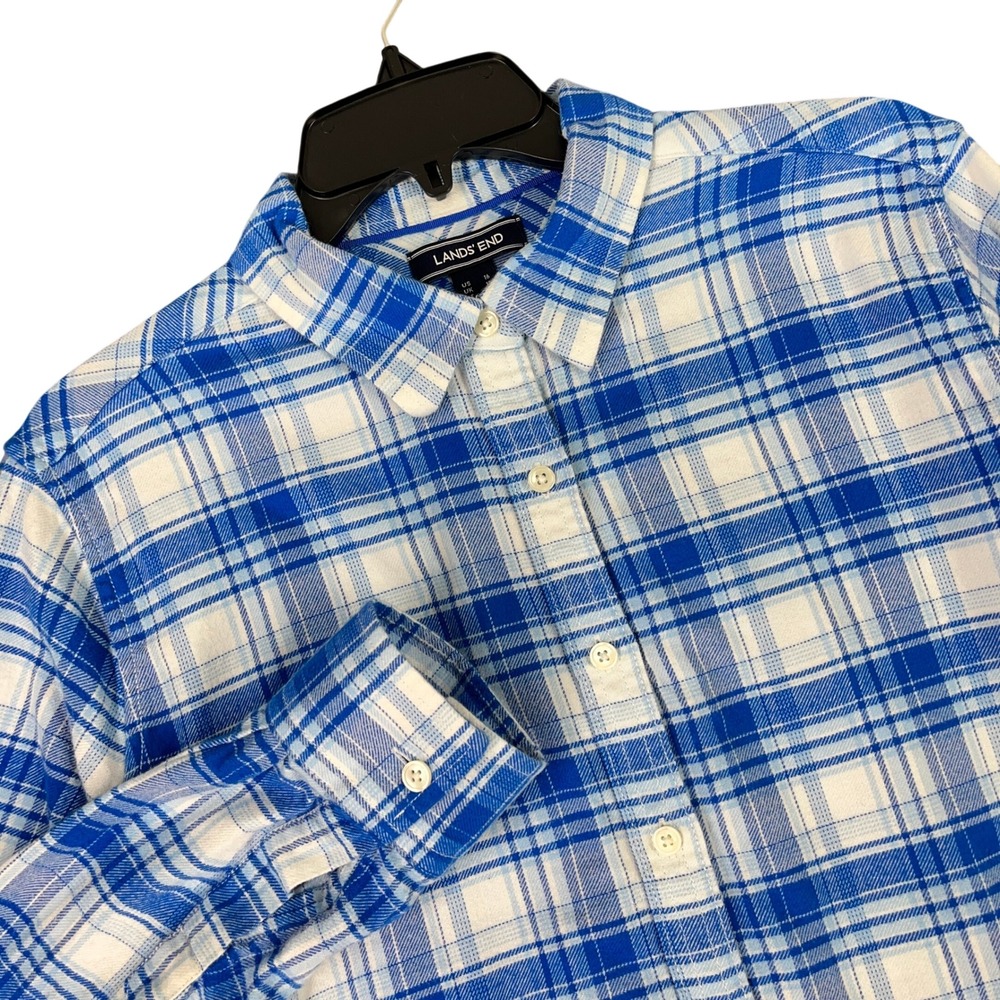Lands End Preppy Coastal Plaid Flannel Button Down Shirt Womens 16